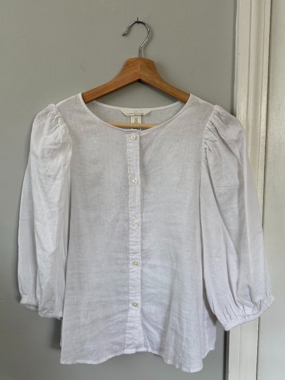 H&M White Linen Blend Puff Sleeve Blouse | Size Small